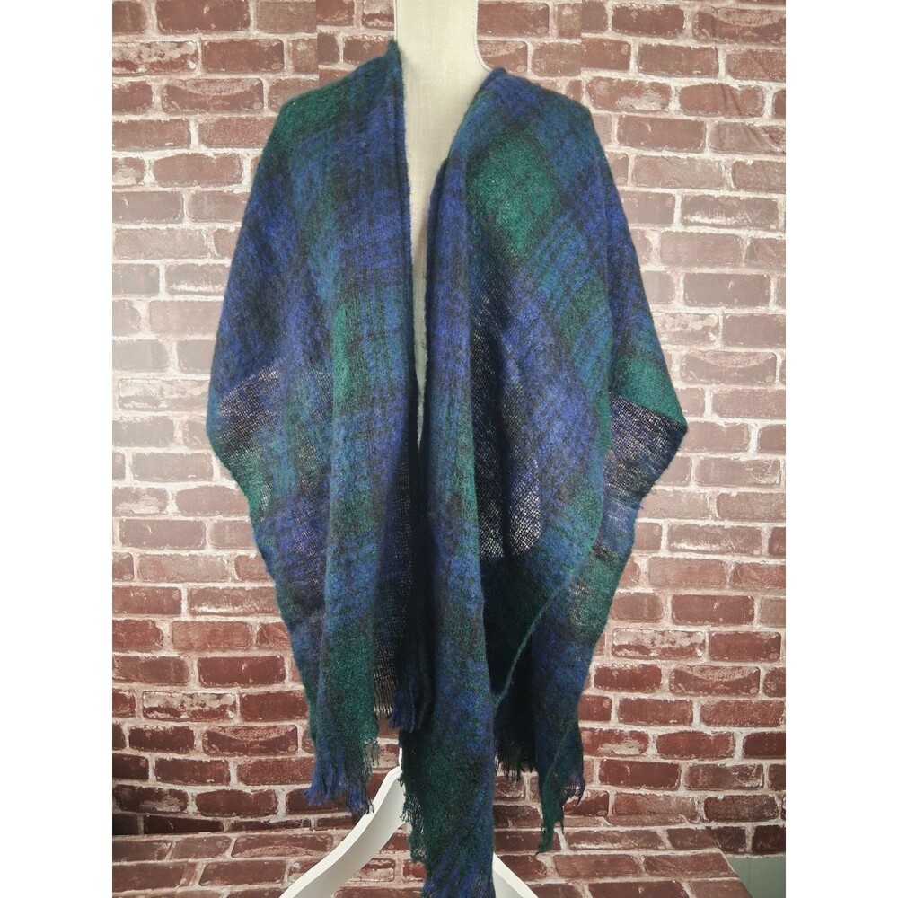 Vintage 70s Blue Tartan Plaid Acrylic Scarf Wrap 'Cashmere Feel' Made in Japan